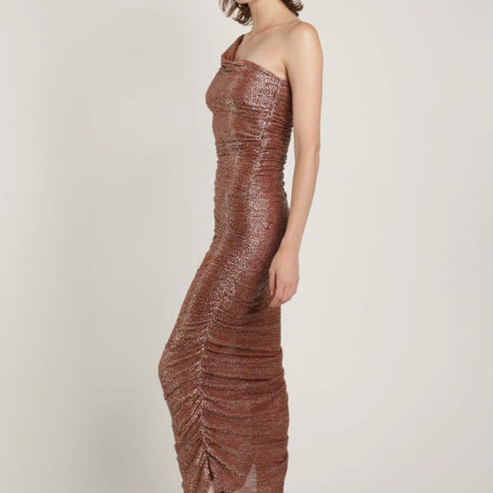 Sabina Musayev Melissa One-Shoulder Shimmering Copper Dress - Picture 2 of 5